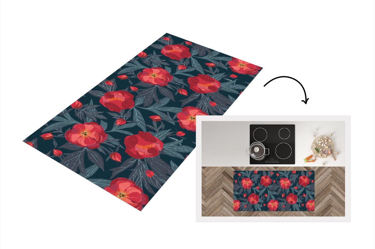 KitchenYeah Keukenloper - Loper keuken - Bloemen - Rood - Bladeren - Patronen - Keukenloper vinyl, foto 7