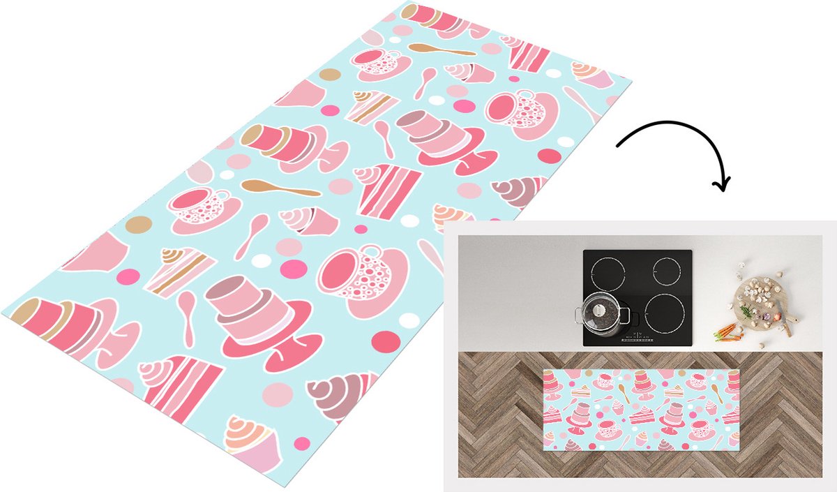 KitchenYeah Keukenloper - Loper keuken - Taart - Thee - Cupcake - Roze - Design - 120x50 cm - Keukenloper vinyl Multicolor