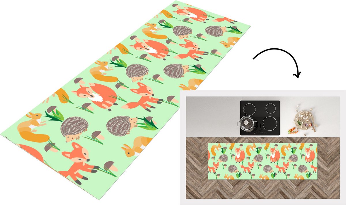 KitchenYeah Keukenloper - Loper keuken - Dieren - Patronen - Egel - 150x50 cm - Keukenloper vinyl Multicolor
