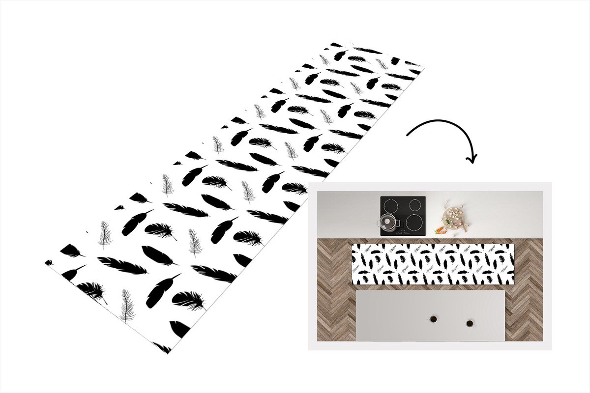 KitchenYeah Keukenloper - Loper keuken - Veren - Zwart Wit - Patroon - 200x50 cm - Keukenloper vinyl Zwart; Wit