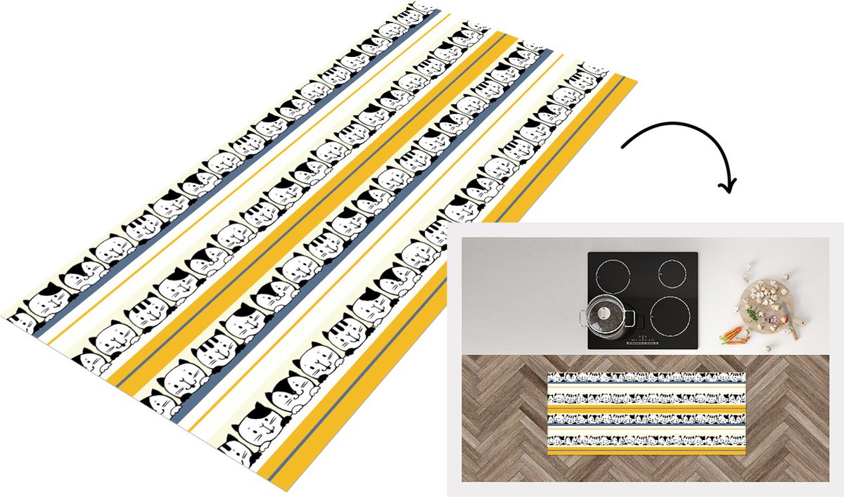 KitchenYeah Keukenloper - Loper keuken - Kat - Patronen - Huisdieren - 120x50 cm - Keukenloper vinyl Multicolor