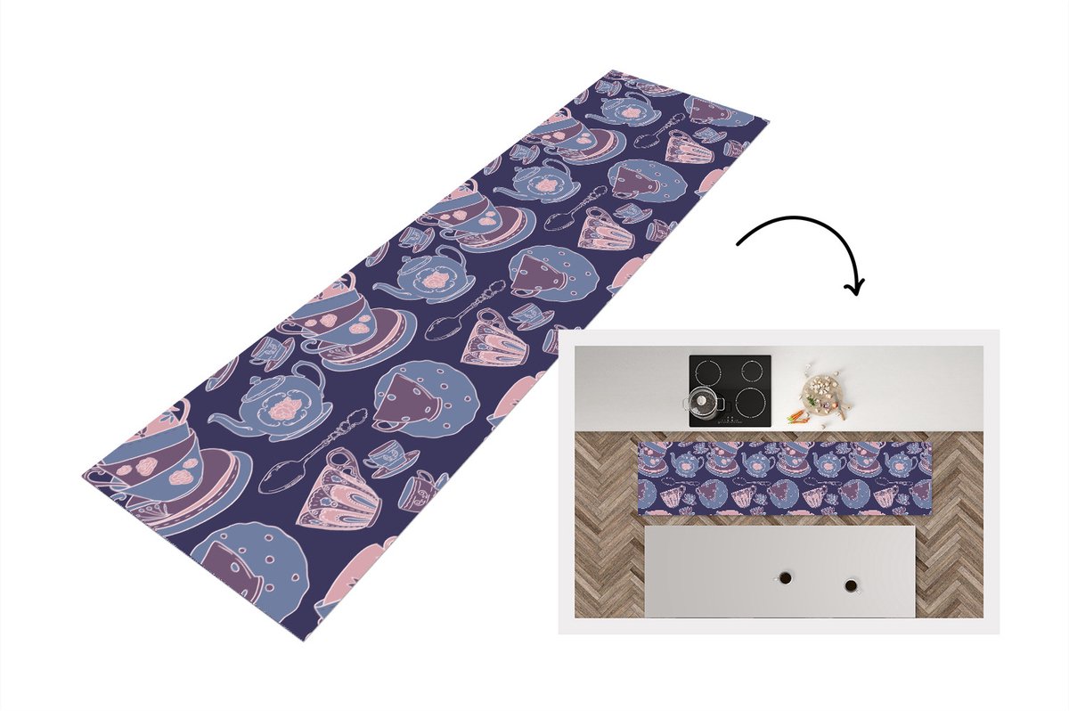 KitchenYeah Keukenloper - Loper keuken - Patroon - Thee - Kop - Theepot - 200x50 cm - Keukenloper vinyl Multicolor