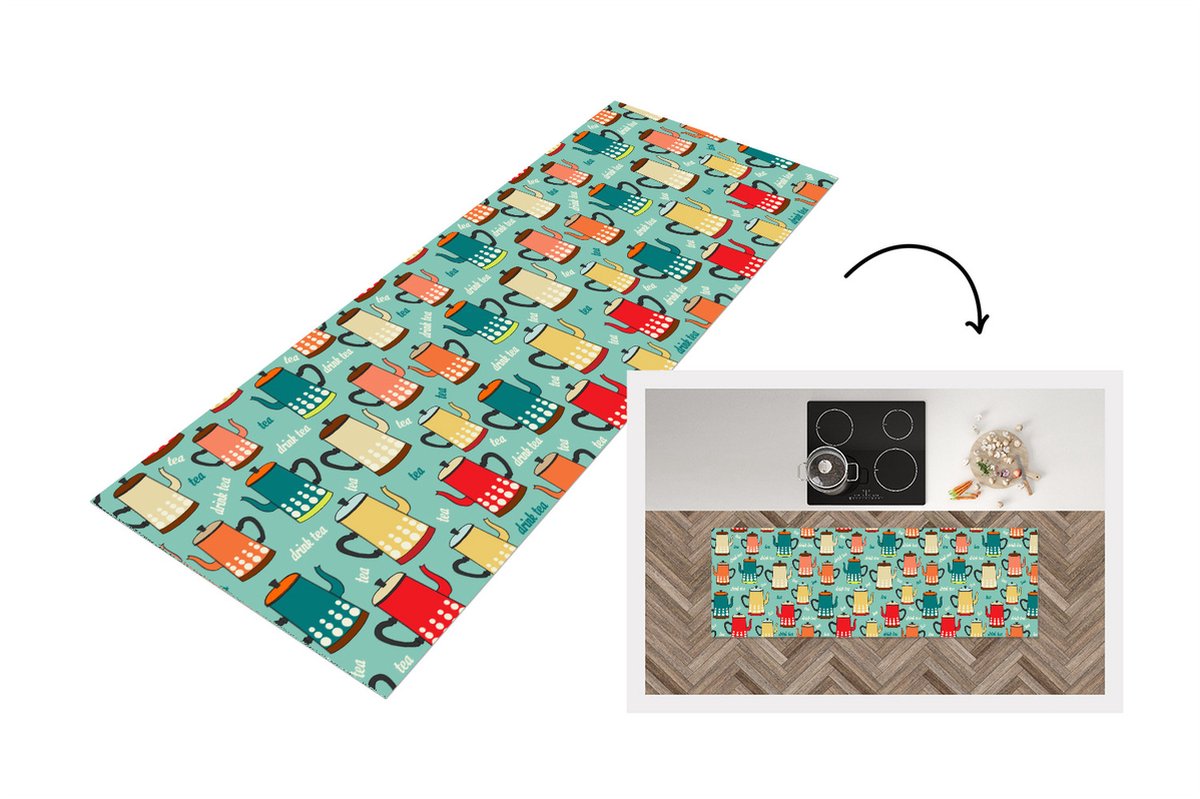 KitchenYeah Keukenloper - Loper keuken - Patronen - Thee - Theepot - Vintage - 180x60 cm - Keukenloper vinyl Multicolor