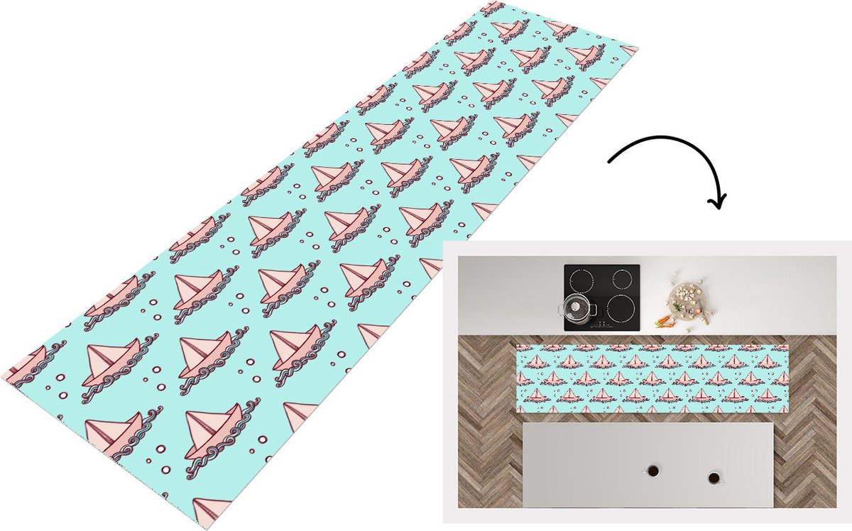 KitchenYeah Keukenloper - Loper keuken - Golf - Boot - Patronen - Kinderen - Avontuur - 240x60 cm - Keukenloper vinyl Multicolor