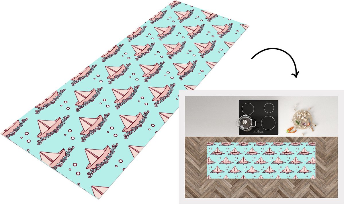 KitchenYeah Keukenloper - Loper keuken - Golf - Boot - Patronen - Kinderen - Avontuur - 180x60 cm - Keukenloper vinyl Multicolor