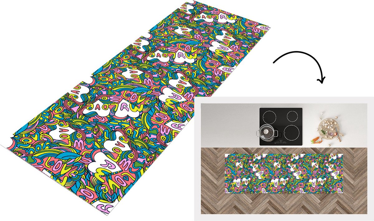 KitchenYeah Keukenloper - Loper keuken - Meisje - Liefde - Patronen - Love - 180x60 cm - Keukenloper vinyl Multicolor