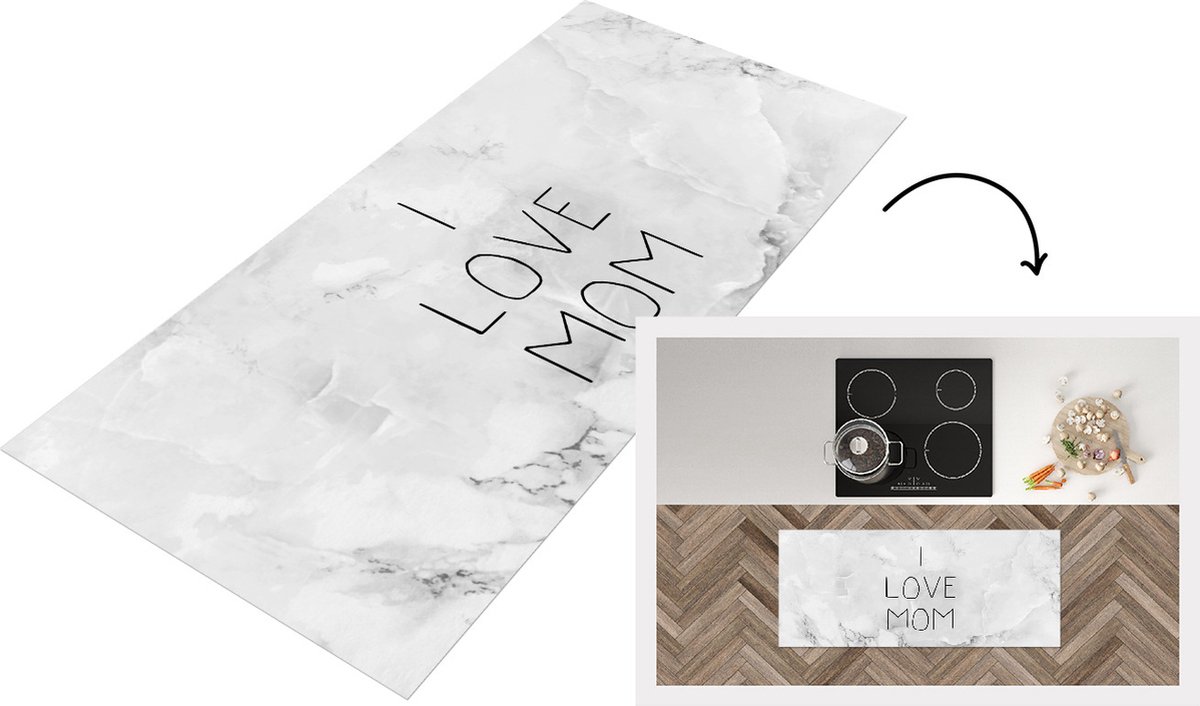 KitchenYeah Keukenloper - Loper keuken - Spreuken - Quotes I Love Mom - Moederdag - Mam - Marmer - 120x50 cm - Keukenloper vinyl Multicolor