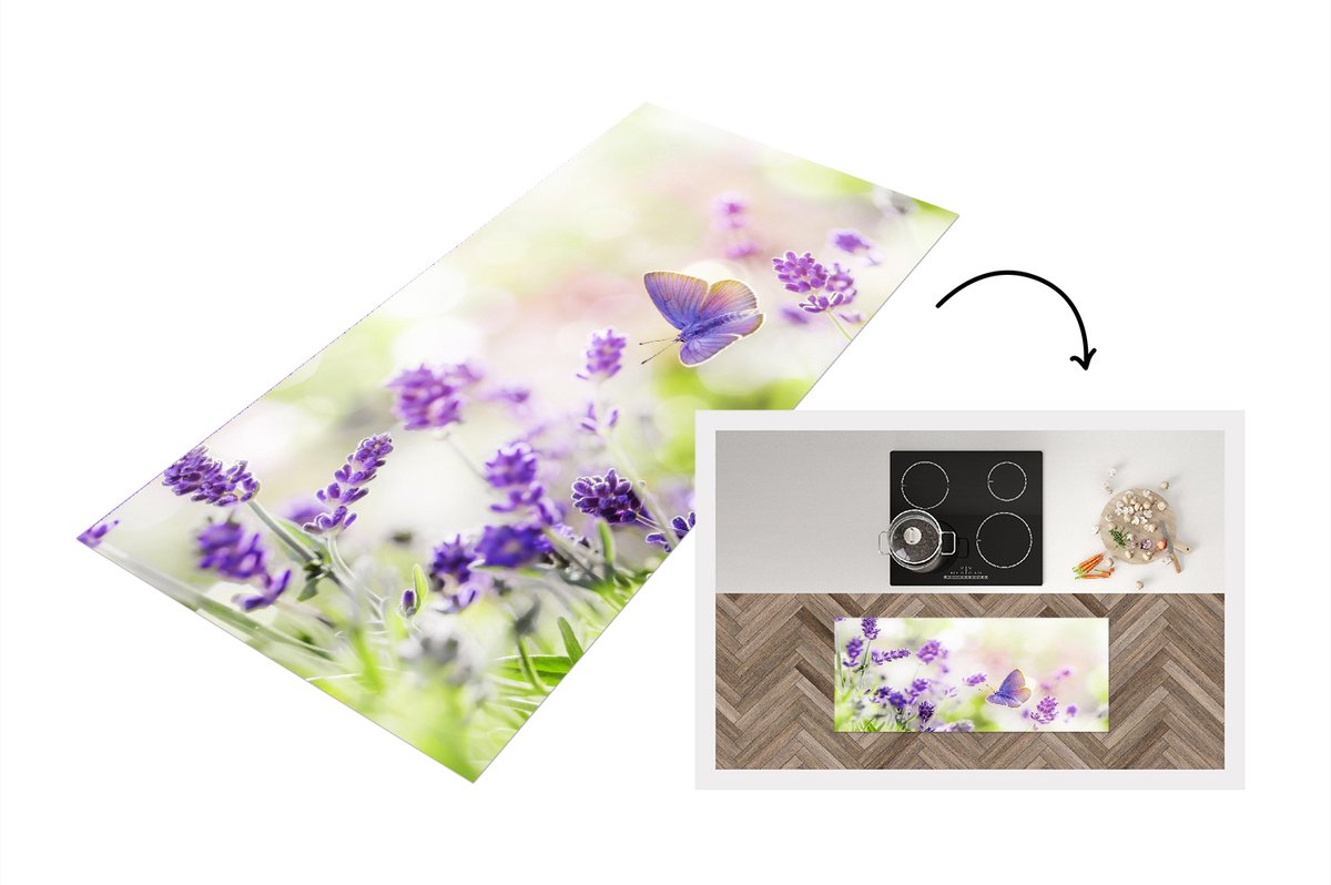 KitchenYeah Keukenloper - Loper keuken - Lavendel - Vlinder - Bloemen - 120x50 cm - Keukenloper vinyl Multicolor