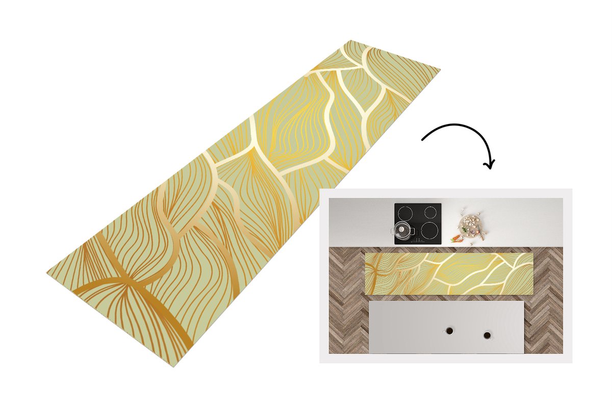 KitchenYeah Keukenloper - Loper keuken - Gouden golven op een groene achtergrond - 200x50 cm - Keukenloper vinyl Multicolor