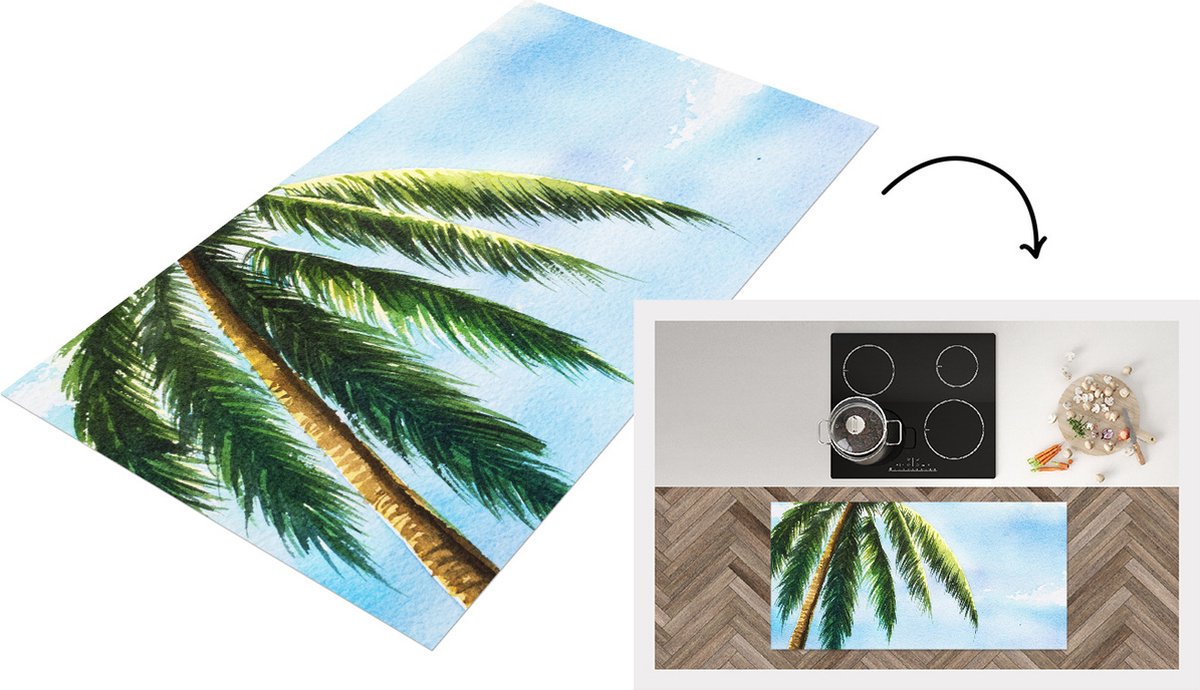 KitchenYeah Keukenloper - Loper keuken - Palmboom - Lucht - Waterverf - 120x60 cm - Keukenloper vinyl Multicolor