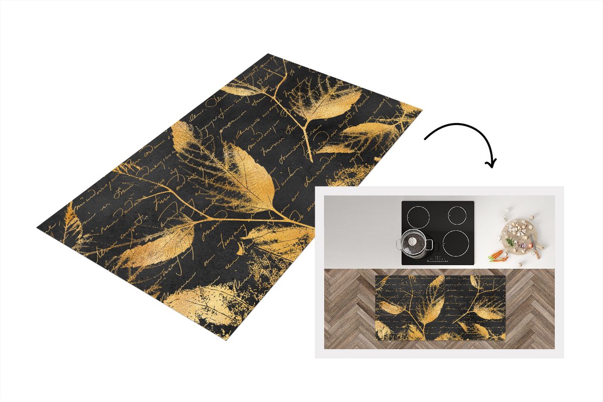 KitchenYeah Keukenloper - Loper keuken - Goud - Bladeren - Zwart - Keukenloper vinyl, foto 2