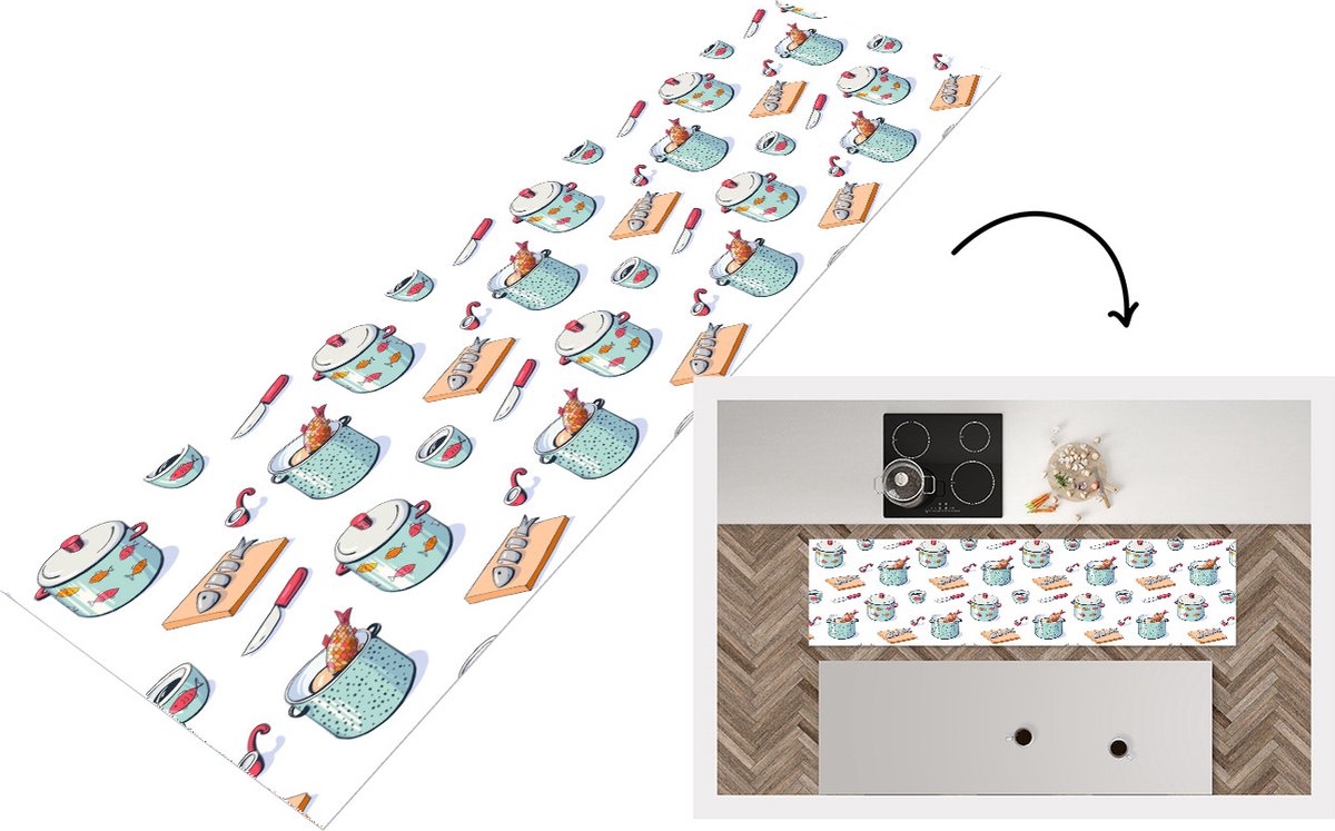 KitchenYeah Keukenloper - Loper keuken - Patronen - Koken - Eten - Vis - Pan - 200x50 cm - Keukenloper vinyl Multicolor