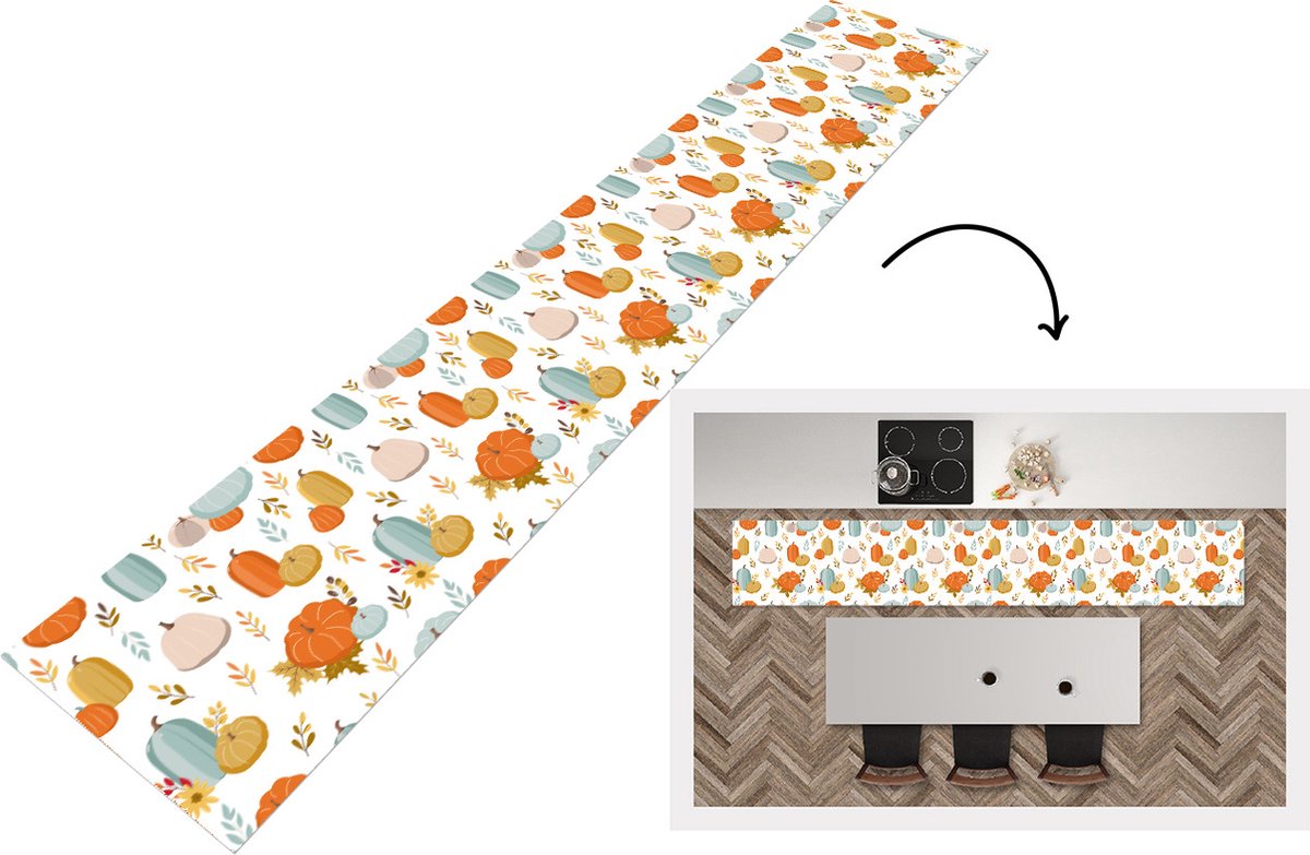 KitchenYeah Keukenloper - Loper keuken - Pompoen - Herfst - Patroon - 300x50 cm - Keukenloper vinyl Multicolor