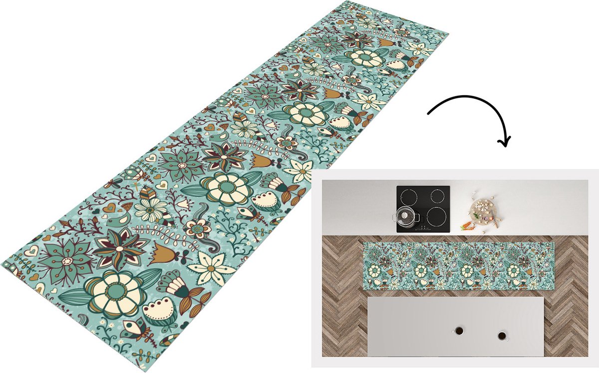 KitchenYeah Keukenloper - Loper keuken - Bohemian - Winter - Bloemen - Patroon - 200x50 cm - Keukenloper vinyl Multicolor