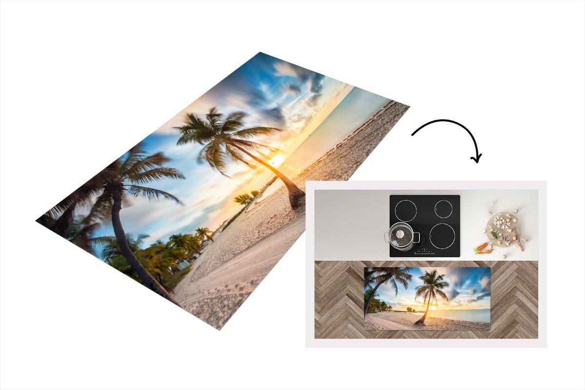 KitchenYeah Keukenloper - Loper keuken - Zonsondergang - Strand - Palmboom - 120x60 cm - Keukenloper vinyl Multicolor
