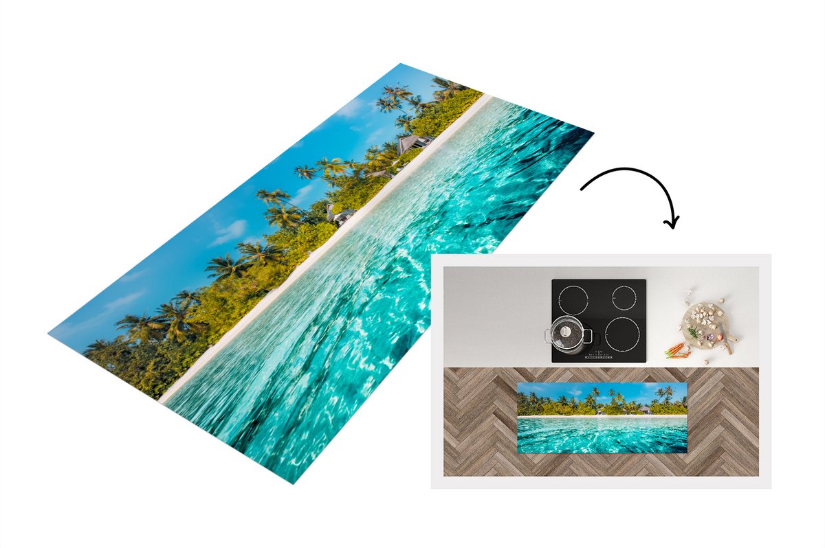 KitchenYeah Keukenloper - Loper keuken - Strand - Palmbomen - Zee - 120x50 cm - Keukenloper vinyl Multicolor