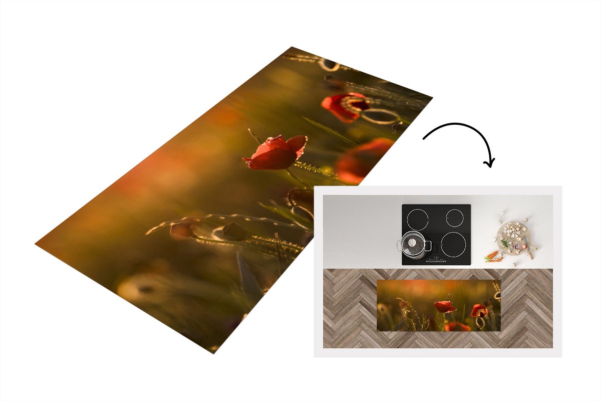 KitchenYeah Keukenloper - Loper keuken - Klaproos - Zonsondergang - Goud - 120x50 cm - Keukenloper vinyl Multicolor