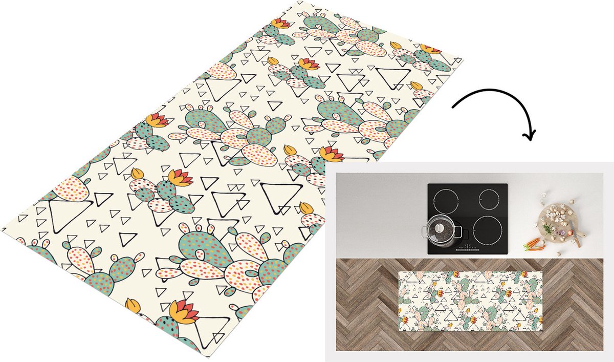 KitchenYeah Keukenloper - Loper keuken - Patroon - Cactus - Driehoek - 120x50 cm - Keukenloper vinyl Multicolor