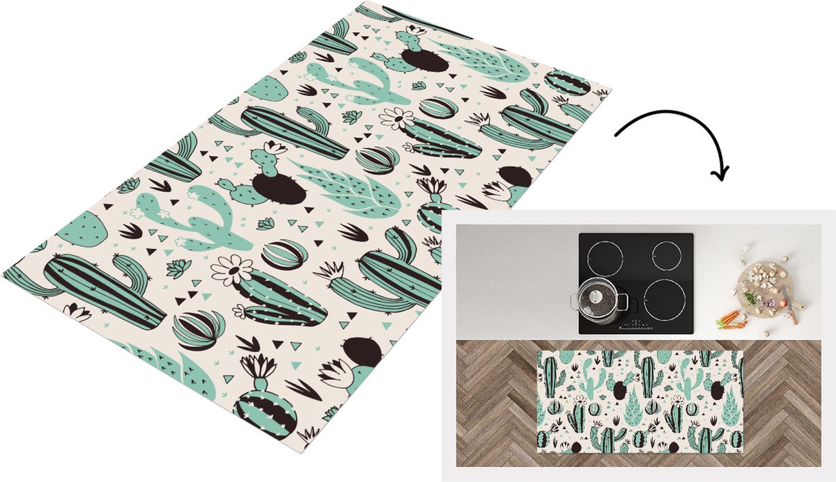 KitchenYeah Keukenloper - Loper keuken - Cactus - Patroon - Bloemen - 120x60 cm - Keukenloper vinyl Multicolor