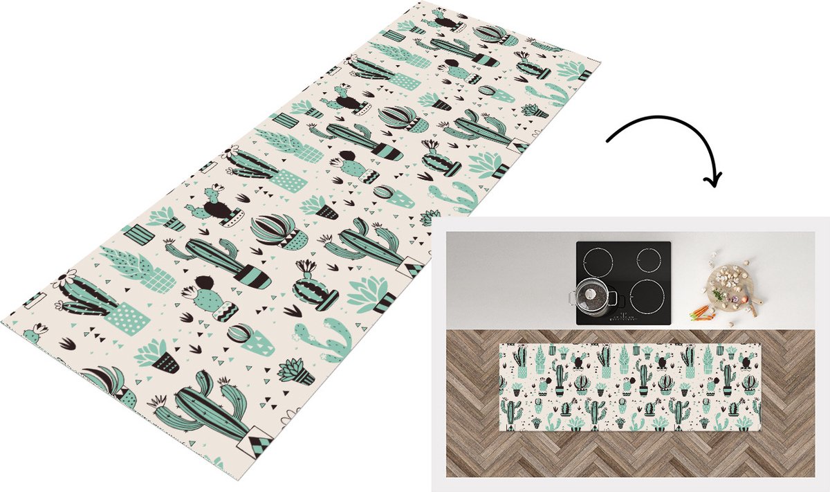 KitchenYeah Keukenloper - Loper keuken - Patroon - Cactus - Pot - 150x50 cm - Keukenloper vinyl Multicolor