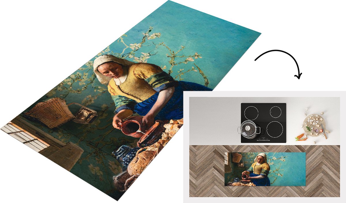 KitchenYeah Keukenloper - Loper keuken - Vermeer - Van Gogh - Melkmeisje - Amandelbloesem - 120x50 cm - Keukenloper vinyl Multicolor