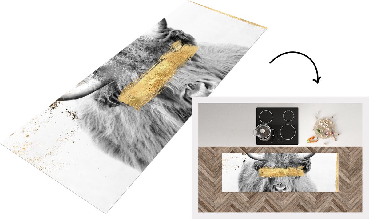KitchenYeah Keukenloper - Loper keuken - Schotse hooglander - Zwart - Wit - Goud - Keukenloper vinyl, foto 2