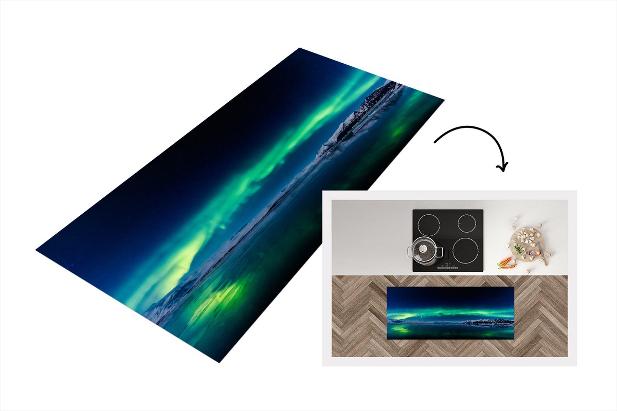 KitchenYeah Keukenloper - Loper keuken - Het Noorderlicht boven het meer van Jökulsárlón - 120x50 cm - Keukenloper vinyl Multicolor