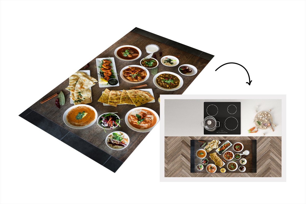 KitchenYeah Keukenloper - Loper keuken - Witte borden en schalen gevuld met Indiaas eten op een houten tafel - 120x60 cm - Keukenloper vinyl Multicolor