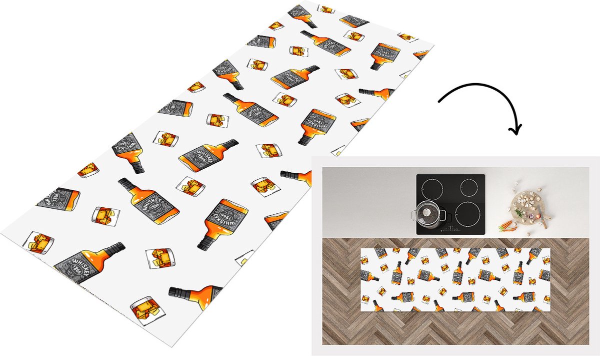 KitchenYeah Keukenloper - Loper keuken - Whiskey - Glas - Design - 180x60 cm - Keukenloper vinyl Multicolor