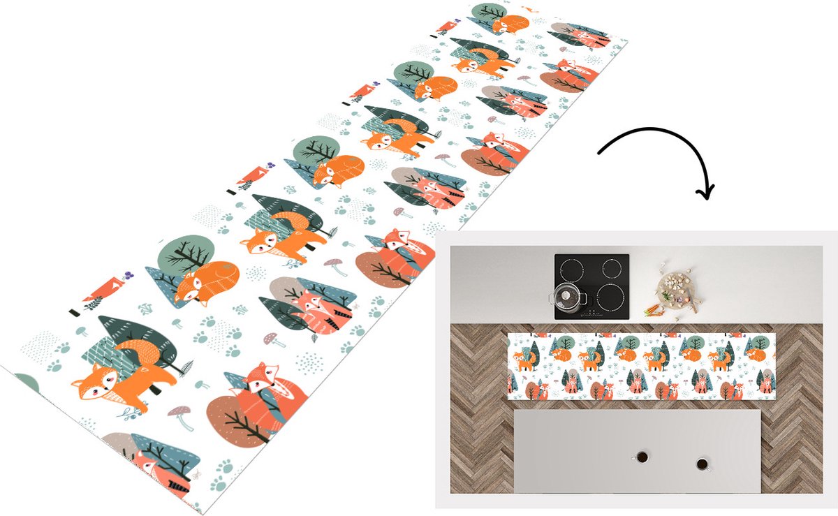 KitchenYeah Keukenloper - Loper keuken - Patronen - Vos - boom - 200x50 cm - Keukenloper vinyl Multicolor