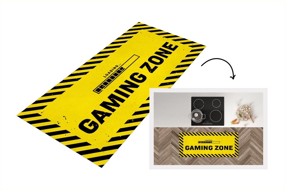 KitchenYeah Keukenloper - Loper keuken - Gaming - Game - Zwart - Geel - 120x50 cm - Keukenloper vinyl Multicolor