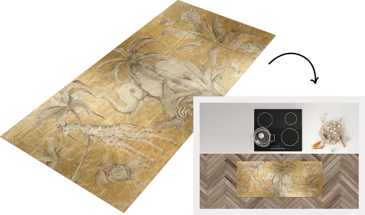 KitchenYeah Keukenloper - Loper keuken - Jungle Decoratie - Kinderen - Olifanten - Goud - 120x50 cm - Keukenloper vinyl Multicolor