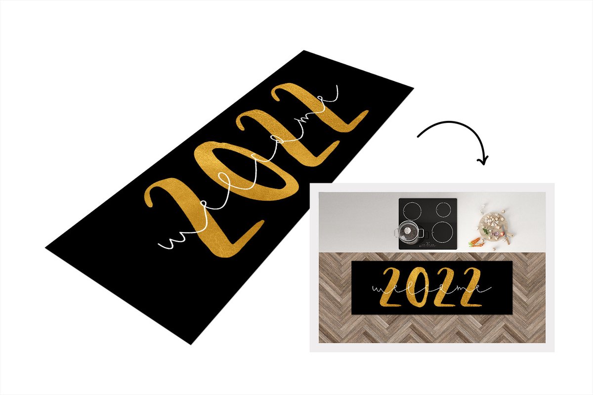 KitchenYeah Keukenloper - Loper keuken - Nieuwjaar - Welcome 2022 - Goud - Spreuken - Quotes - 150x50 cm - Keukenloper vinyl Multicolor