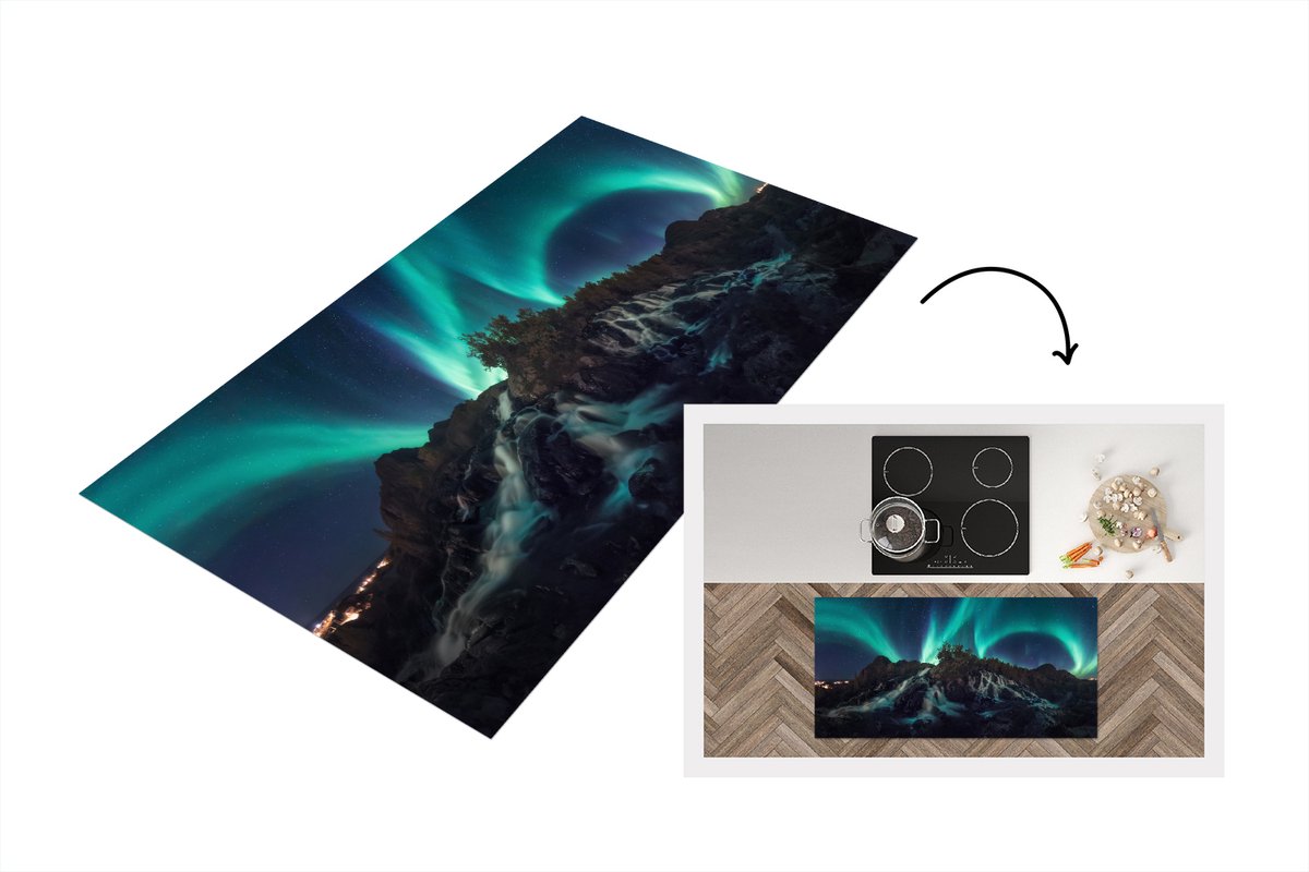 KitchenYeah Keukenloper - Loper keuken - Noorderlicht - Rotsen - Scandinavië - 120x60 cm - Keukenloper vinyl Multicolor