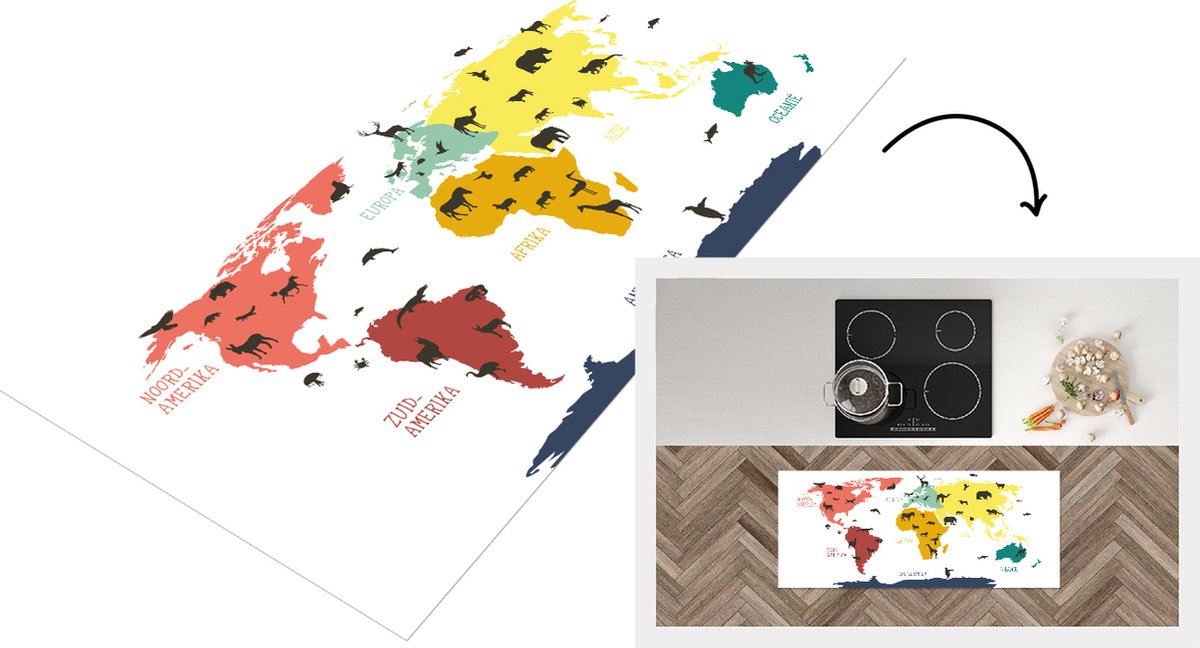 KitchenYeah Keukenloper - Loper keuken - Wereldkaart Kinderen - Dieren - Kleurrijk - 120x50 cm - Keukenloper vinyl Multicolor