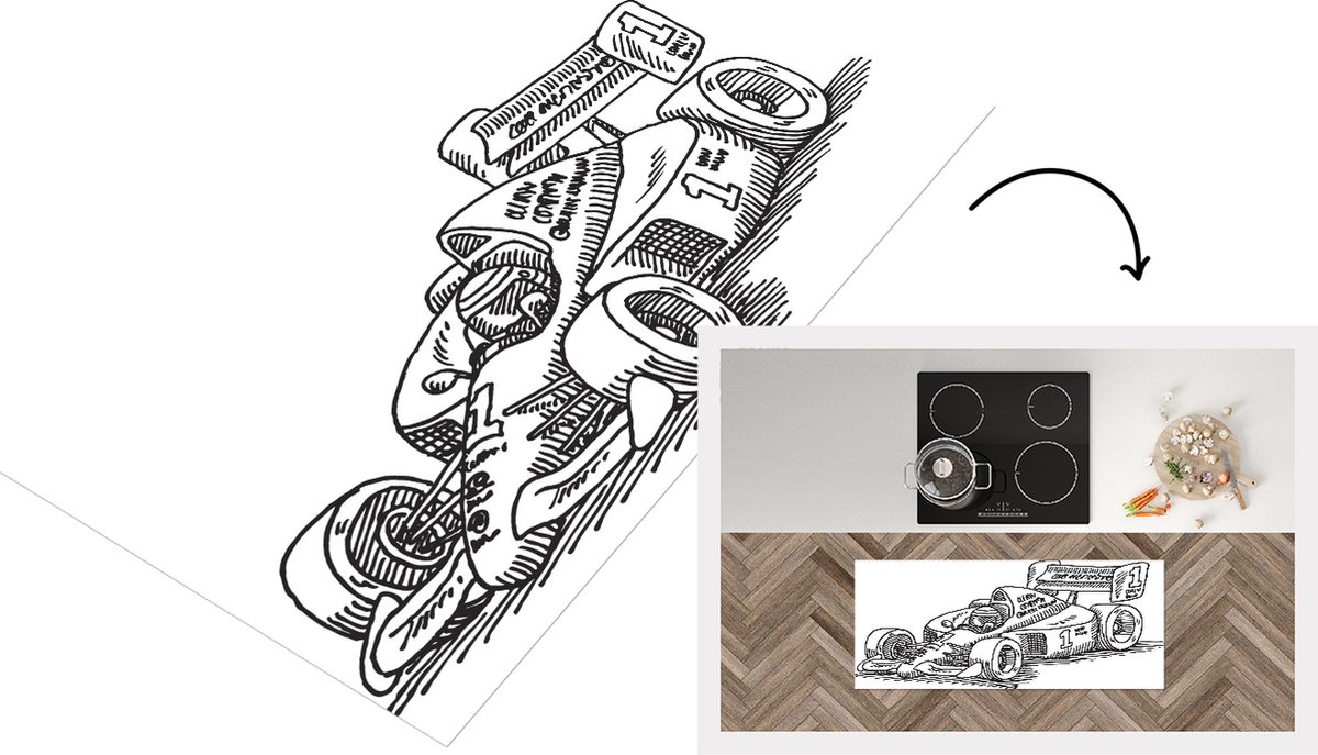 KitchenYeah Keukenloper - Loper keuken - Een geschetste illustratie van een wagen uit de Formule 1 - 120x50 cm - Keukenloper vinyl Multicolor