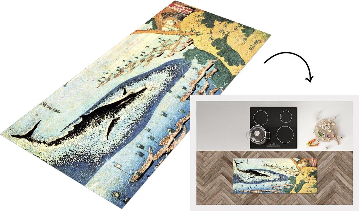 KitchenYeah Keukenloper - Loper keuken - Een walvis bij Goto - schilderij van Katsushika Hokusai - Keukenloper vinyl Multicolor