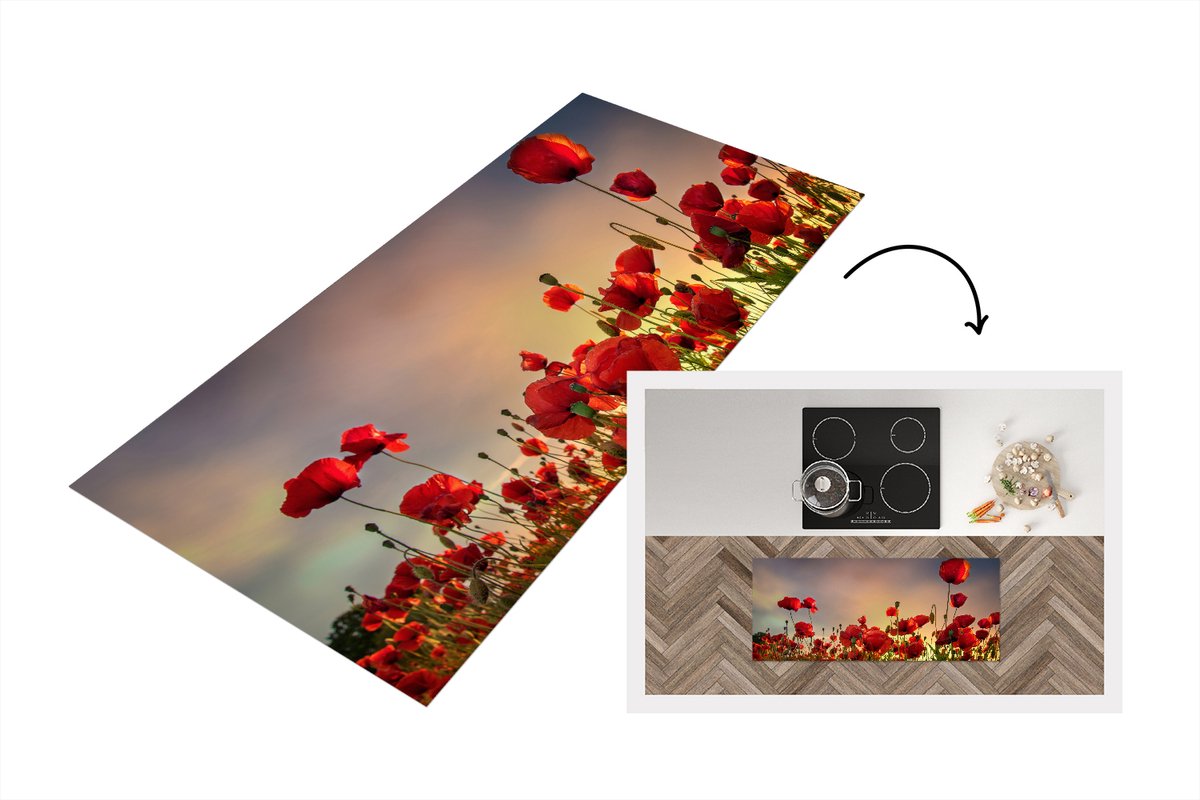 KitchenYeah Keukenloper - Loper keuken - Kleurrijke lucht boven een veld Klaprozen in Denemarken - 120x50 cm - Keukenloper vinyl Multicolor