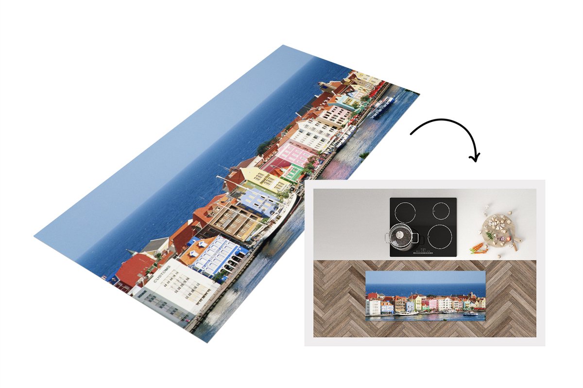 KitchenYeah Keukenloper - Loper keuken - Uitzicht op de huizen van Willemstad in Curaçao - 120x50 cm - Keukenloper vinyl Multicolor