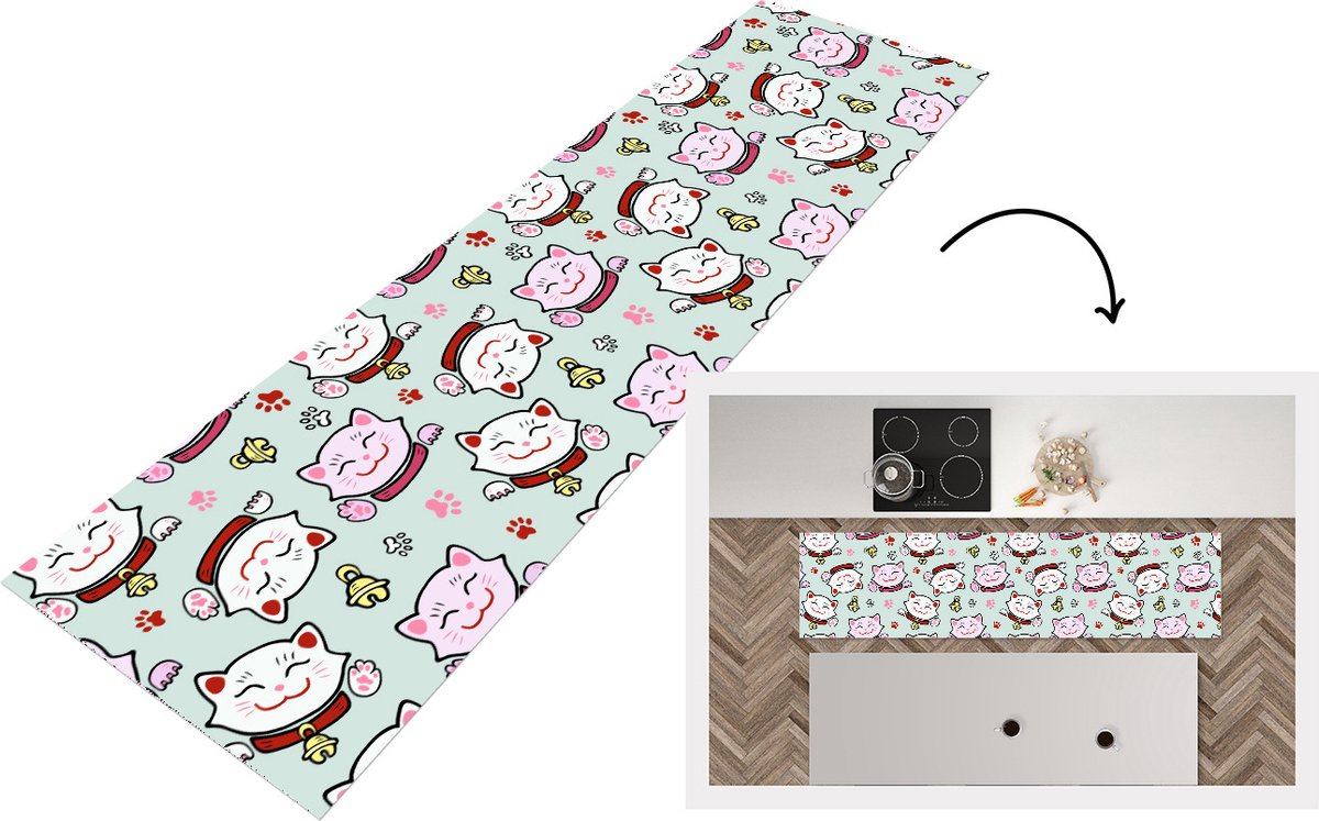 KitchenYeah Keukenloper - Loper keuken - Kat - Huisdieren - Patroon - 240x60 cm - Keukenloper vinyl Multicolor