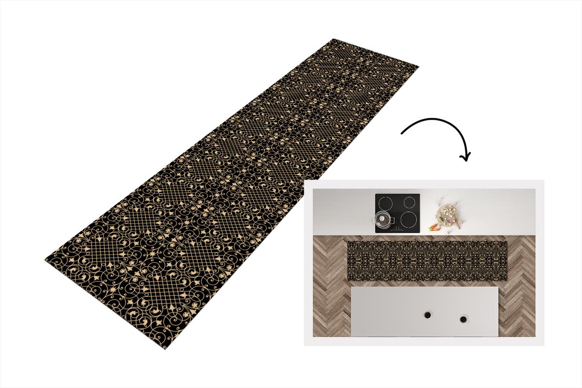 KitchenYeah Keukenloper - Loper keuken - Patroon - Abstract - Goud - Jaren 20 - 200x50 cm - Keukenloper vinyl Multicolor