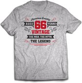 66 Jaar Legend - Feest kado T-Shirt Heren / Dames - Antraciet Grijs / Rood - Perfect Verjaardag Cadeau Shirt - grappige Spreuken, Zinnen en Teksten. Maat L