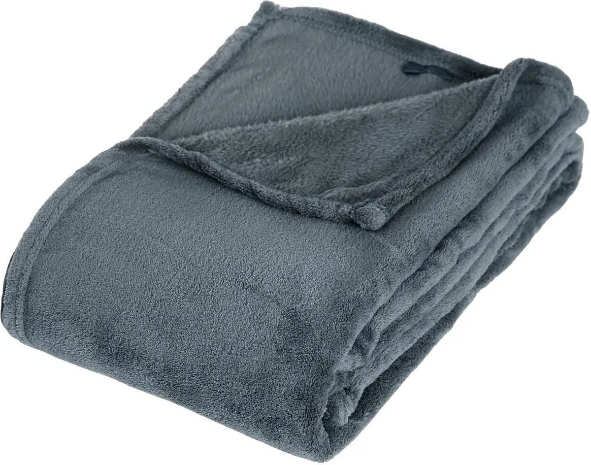 Atmosphera Fleece deken of plaid harig - donkergrijs - 125 x 150 cm - polyester - Bankdeken - Fleece plaid Dark grey