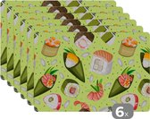 Placemat - Placemats kunststof - Patronen - Sushi - Japan - Groen - 45x30 cm - 6 stuks - Hittebestendig - Anti-Slip - Onderlegger - Afneembaar