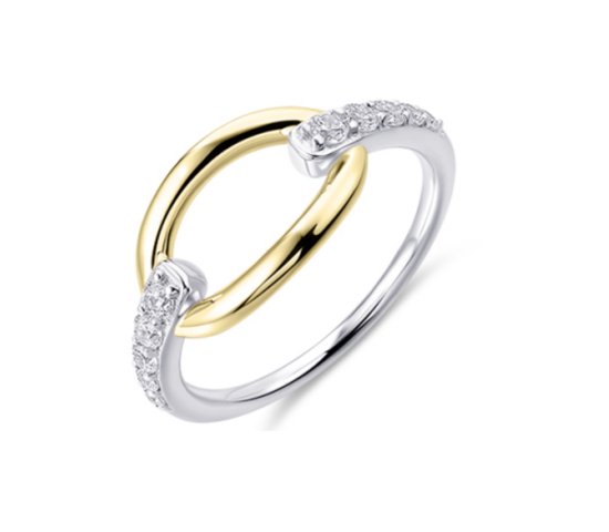 Schitterende Zilveren 14 Karaat Gold Plated Ring met Zirkonia's 18.50 mm. (maat 58) | Damesring