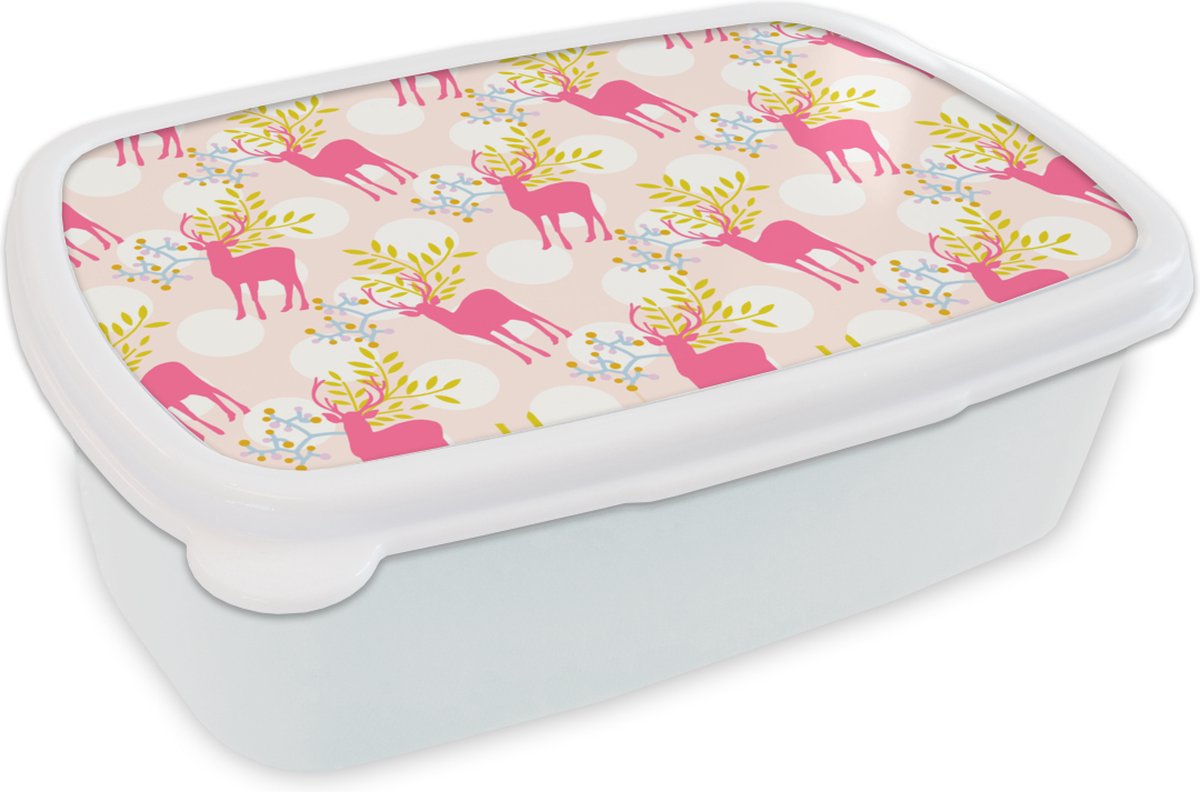 Broodtrommel Wit - Lunchbox - Brooddoos - Hert - Roze - Patronen - 18x12x6 cm - Volwassenen