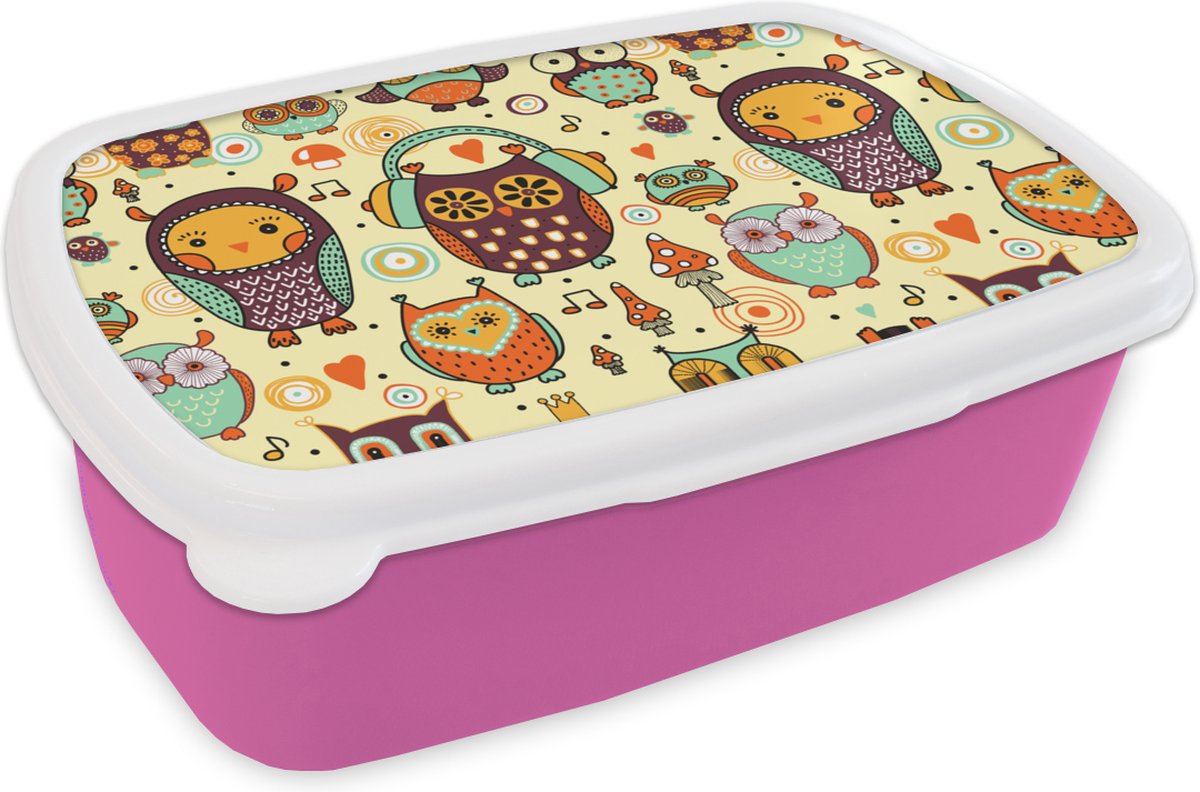 Broodtrommel Roze - Lunchbox - Brooddoos - Uil - Koptelefoon - Patroon - 18x12x6 cm - Kinderen - Meisje