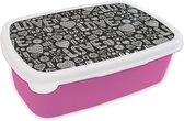 Broodtrommel Roze - Lunchbox - Brooddoos - Liefde - Patroon - Zwart - Wit - 18x12x6 cm - Kinderen - Meisje