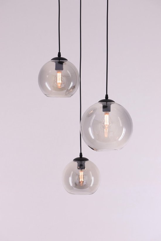 Hanglamp EEF Grey - 3 bollen transparant grijs glas - 3xE27 - 185cm - mat zwart