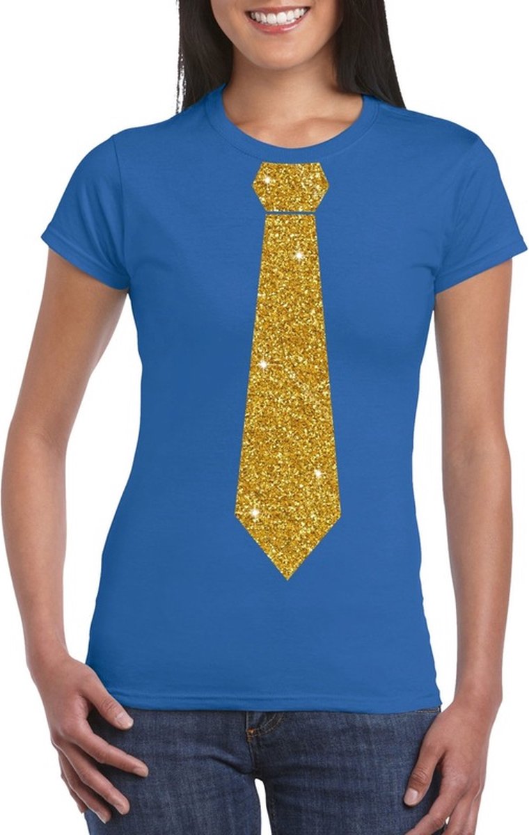 Blauw fun t-shirt met stropdas in glitter goud dames M op Prijzenvolger.com